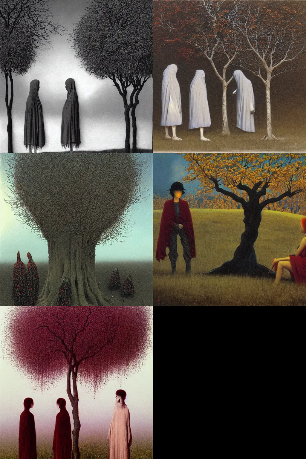 Prompt: an hd painting by zdzislaw beksinski. three goths loitering in the shade, talking beneath a cherry tree outside a blockbuster video store.