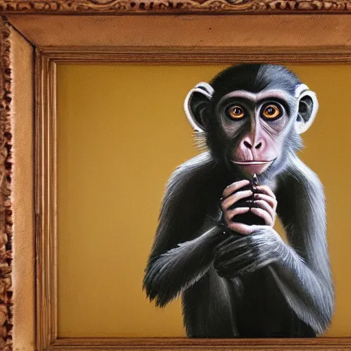 Image similar to Portrait of an Emo monkey holding a camera, oil painting