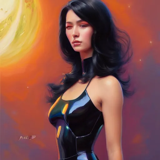 Image similar to a portrait of a very beautiful woman in a spacesuit, Alexandria\'s genesis, shoulder-length black hair, bored, illustration, soft lighting, soft details, painting oil on canvas by mark arian by artgerm, trending on artstation, 4k, 8k, HD