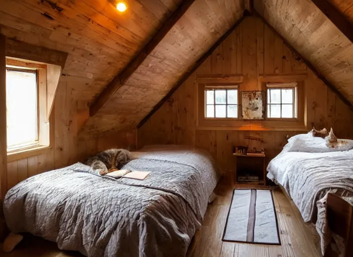 Prompt: cozy bedroom with vaulted ceilings, nighttime, warm lighting, books, cat on bed, tea