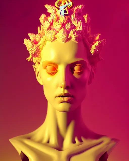 Image similar to hyperrealist highly intricate neo-gothic bust pink iridescent exoskeleton beautiful goddess concept art pascal blanche key sage dramatic yellow lighting 8k high angle shallow depth of field