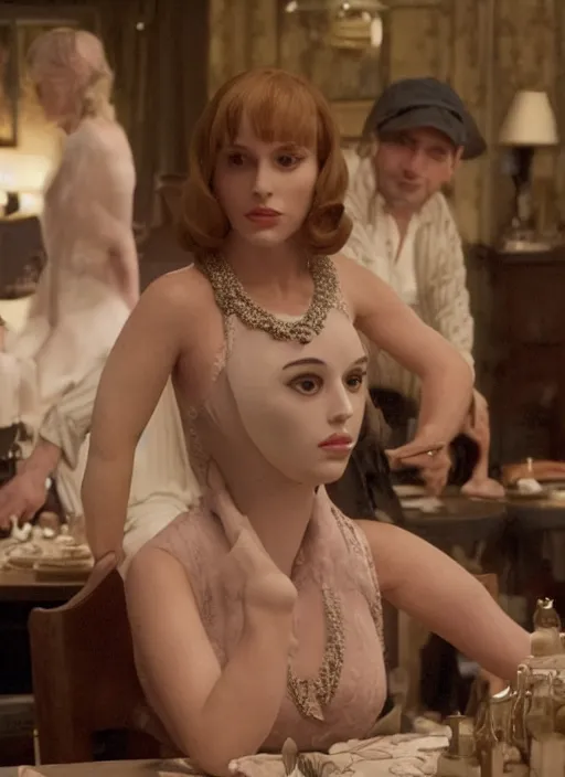 Image similar to movie still of a katy sagal with a very big bust sitting at a table with lana del rey, smooth white skin, directed by Guillermo Del Toro