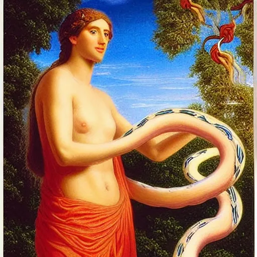 Prompt: “Glossy oil painting of kundalini as two white snakes intwined around a tree and rising like the caduceus, with a rainbow in the background by John William Godward. Photorealistic, highly detailed, bright colors, classical lighting. Tarot and voodoo symbolism”