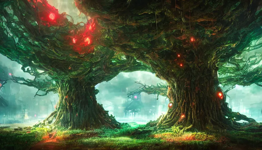 Image similar to ben lo illustration of the largest tree in the world under force field, bioshock concept art, solarpunk, hopeful, colorful, unreal engine, hyper realism, realistic shading, cinematic composition, realistic render, octane render, detailed textures, photorealistic, wide shot