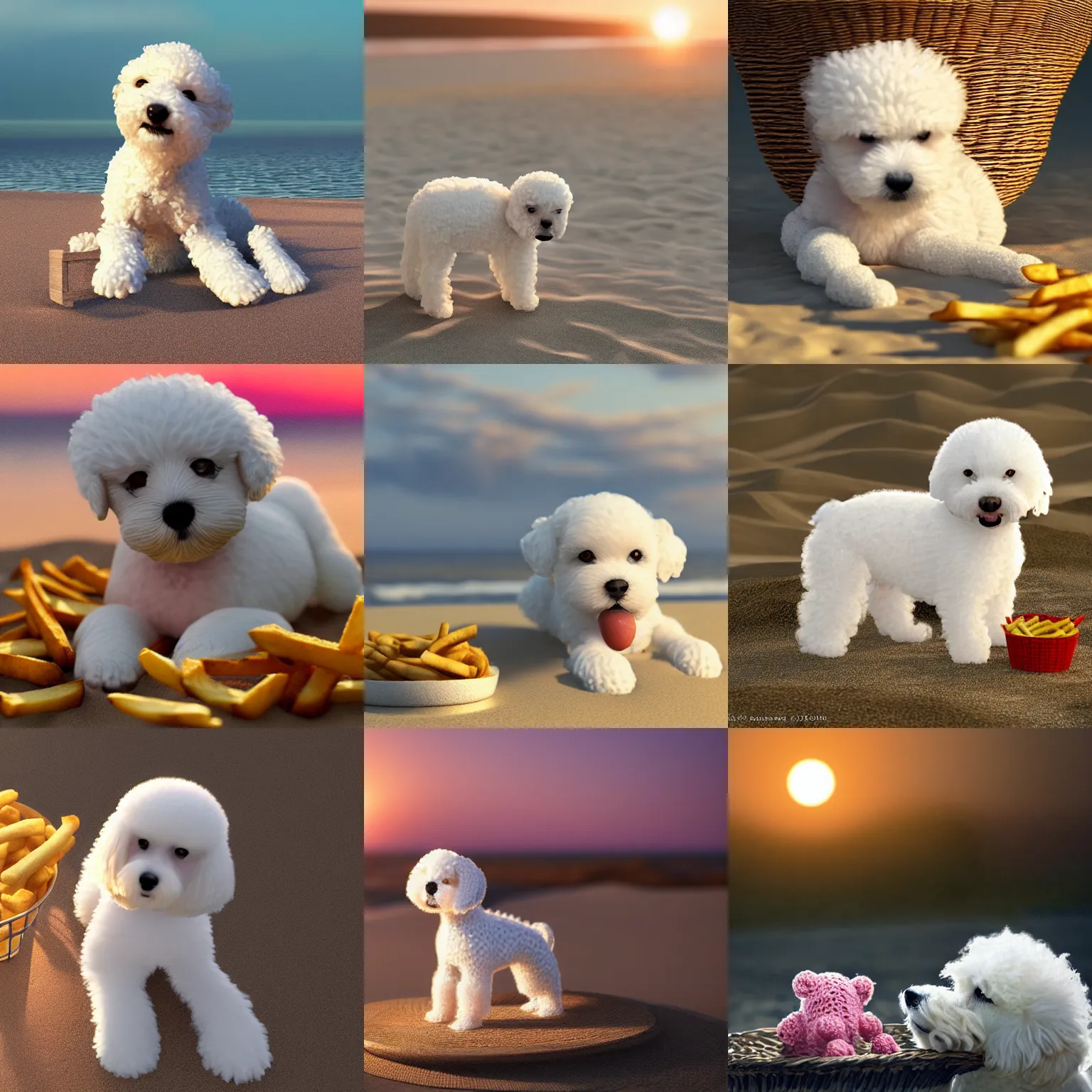 Prompt: a photorealistic image of a knitted white bichon puppy eating from basket of french fries during sunset at the beach Trending on artstation, featured on Behance, well-rendered, Unreal Engine, 4K HD