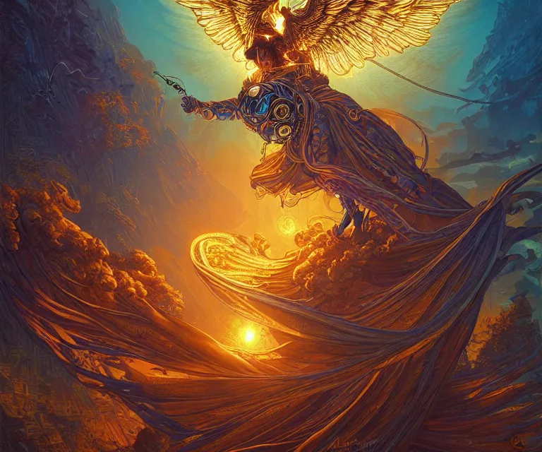 Image similar to a beautiful tarot card artwork of a cyberpunk seraphim in nature, backlit, highly detailed, golden hour, digital painting, by ina wong and justin gerard and dan mumford and artgerm, vivid colors, masterpiece, detailed shading, 8 k resolution, intricate, smooth