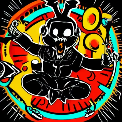 Image similar to svg vector sticker of, demon painting, rocking out, wearing headphones, huge speakers, dancing, rave, DJ, spinning records, digital art, amazing composition, rule-of-thirds, award-winning, trending on artstation, featured on deviantart