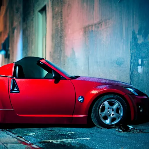 Prompt: decaying red 350z roadster abandoned in alley night time decrepit shot from bladerunner 2049 soft lighting dark shadows beautiful 205mm camera Ryan Church