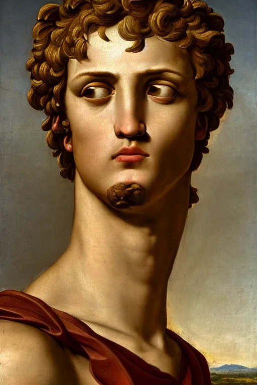 Image similar to renaissance painting of beautiful man, short hair, crying face, tears dripping from the eyes, emotions closeup, dressed in roman armour, ultra detailed, made in bronze, art by Guido Reni style, Vincenzo Catena style