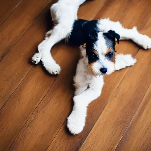 Prompt: iphone portrait picture of a foxterrier puppy, he is laying down in a hardwood floor kitchen, feet in the background