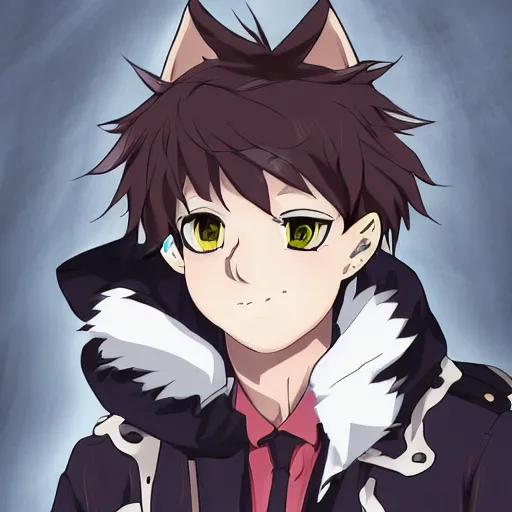 Image similar to key anime visual portrait of an anthropomorphic anthro wolf fursona, in a jacket, with handsome eyes, official modern anime art