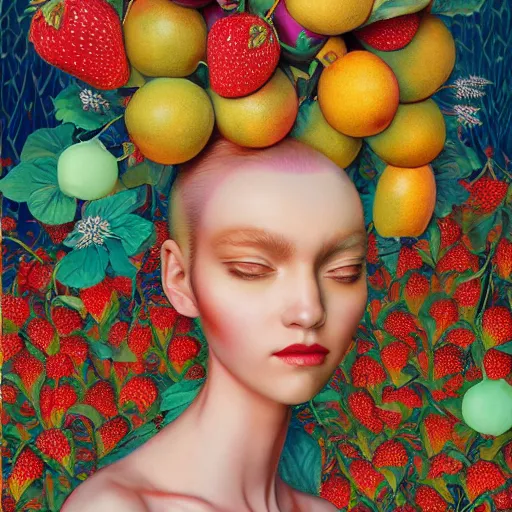 Prompt: pretty model with fruit : : by martine johanna and simon stalenhag and chie yoshii and casey weldon and wlop : : ornate, dynamic, particulate, rich colors, intricate, elegant, highly detailed, vogue, harper's bazaar art, fashion magazine, smooth, sharp focus, 8 k, octane render