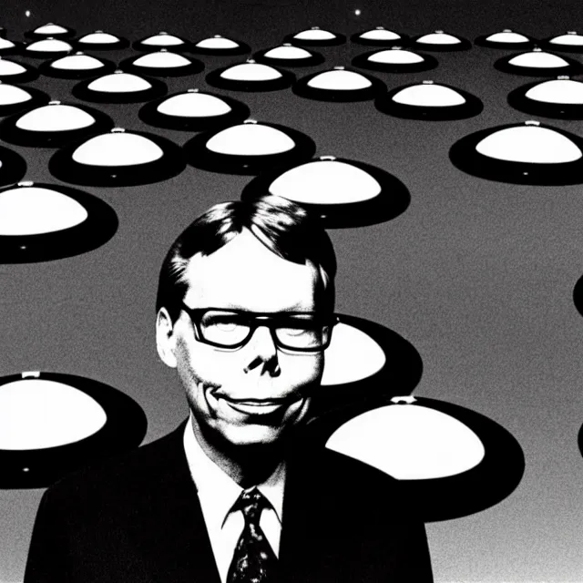 Prompt: a photo of bob lazar with a hangar full of flying saucers at area 5 1, detailed symmetrical face, photorealistic, highly detailed