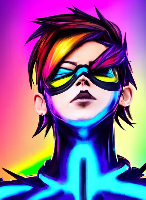 Prompt: full body abstract digital drawing portrait of tracer overwatch, confident pose, full body, full body, wearing black jagged iridescent rainbow latex armor, rainbow, neon, 4 k, expressive surprised expression, makeup, wearing large rainbow neon choker, studio lighting, black latex, expressive detailed face and eyes,