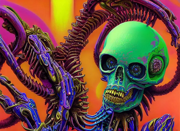 Prompt: A psychedelic portrait of nekrolord biomechanical skeletal mind flayer psion, vibrant color scheme, highly detailed, in the style of romanticism, cinematic, artstation, Moebius, Greg rutkowski futurism, no blur, 4k resolution, sharp ages, ultra detailed, style of John Berkey, Norman Rockwell, Hans Thoma, Ivan Shishkin, Tyler Edlin, Thomas Kinkad