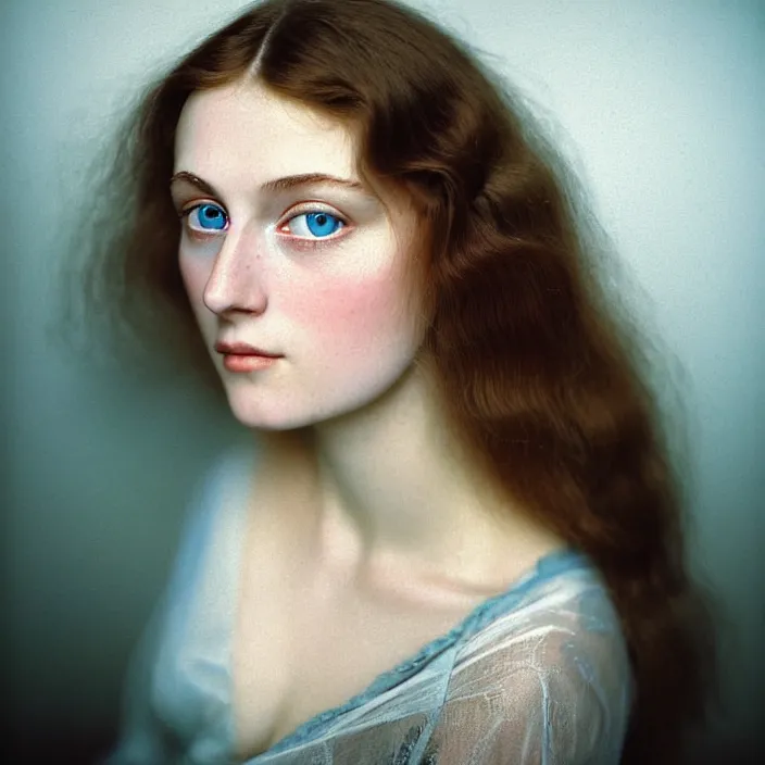 Image similar to Kodak Portra 400, 8K, soft light, volumetric lighting, highly detailed, britt marling style 3/4, view from above of close-up portrait photo of a beautiful woman, pre-Raphaelites painter, Huge blue eyes, with velvety brown lashes. girlish woman who looks extremely fragile and sickly, like a neurasthenic Victorian maiden. Hair is light brown in long curls; skin is pale. Pretty in a frivolous, invalid way. Gives the impression of being slight. , Realistic, Refined, Highly Detailed, natural outdoor soft pastel lighting colors scheme, outdoor fine art photography, Hyper realistic, photo realistic,warm lighting,