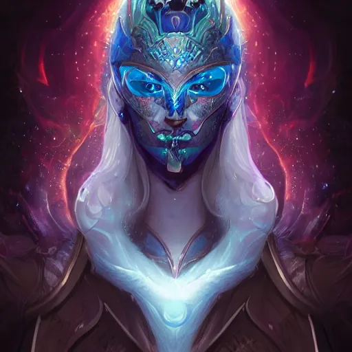 Image similar to Very very very very highly detailed mystic, enigmatic, strange portrait of a phantom warrior with galaxy, roses, shark's teeth by Artgerm, intricate, extremely detailed, digital painting, artstation, concept art, smooth, sharp focus, illustration, intimidating lighting, incredible art,