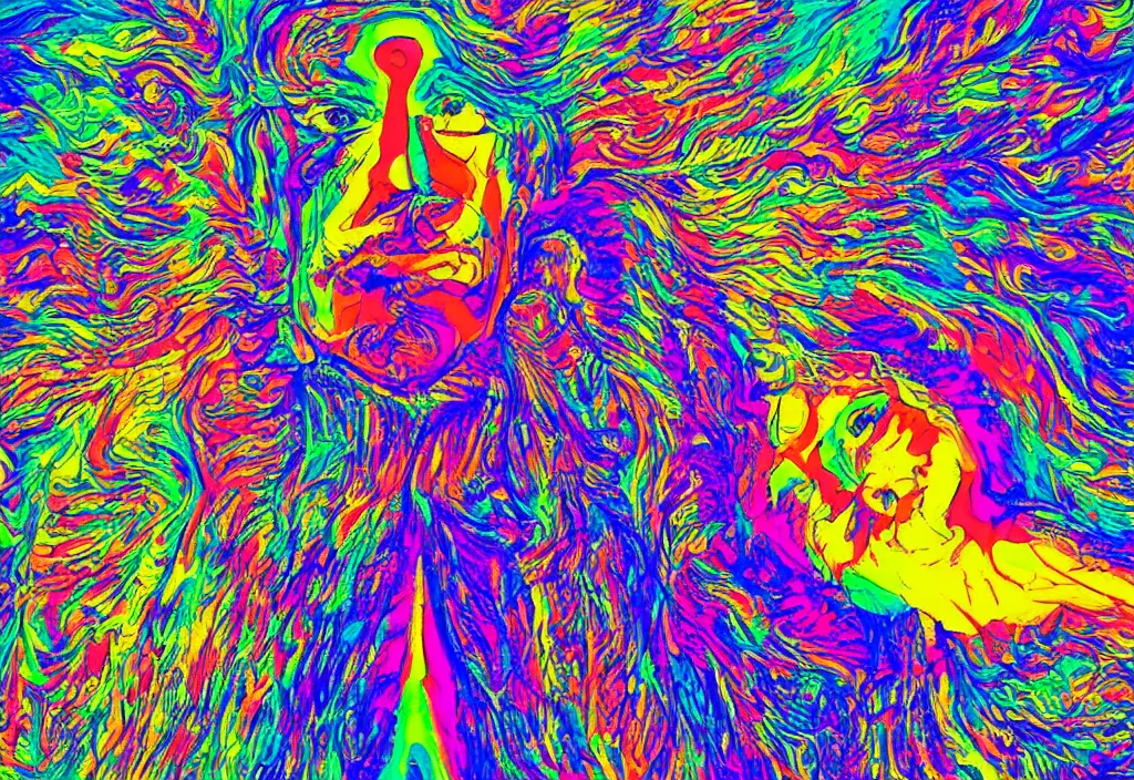 Image similar to psychedelic man on top of a mountain