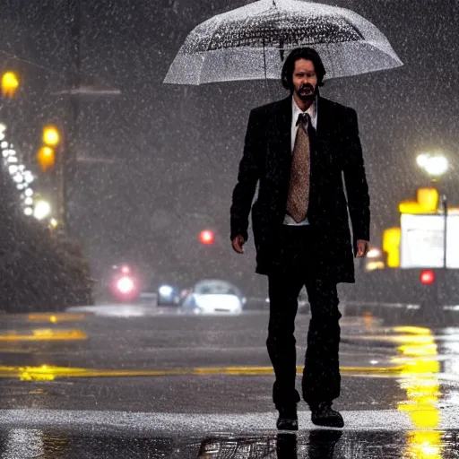 Image similar to keanu reeves walking in the rain on a reflective city street near a red flashing street light, highly detailed face and reflections misty dark