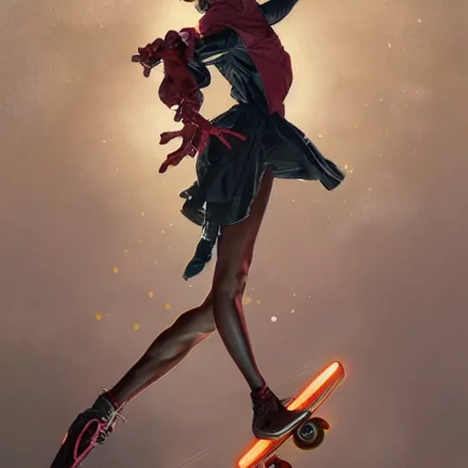 Image similar to a spider is rollerskating, rollerskates, highly detailed, digital painting, artstation, concept art, smooth, sharp focus, illustration, art by artgerm and greg rutkowski and alphonse mucha