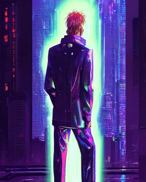 Image similar to detailed portrait of European Pale Blonde hair Stylish Guy Sheen Holographic Jacket coat, Futuristic sci-fi fashion, royal attire Akira, Evangelion, cyberpunk, neotokyo, synthwave, aesthetics, futuristic, low-emission-neon, bladerunner movie scene by ismail inceoglu dragan bibin hans thoma greg rutkowski Alexandros Pyromallis Nekro Rene Margitte illustrated Perfect face, fine details, realistic shaded, fine-face, pretty face sharp chine