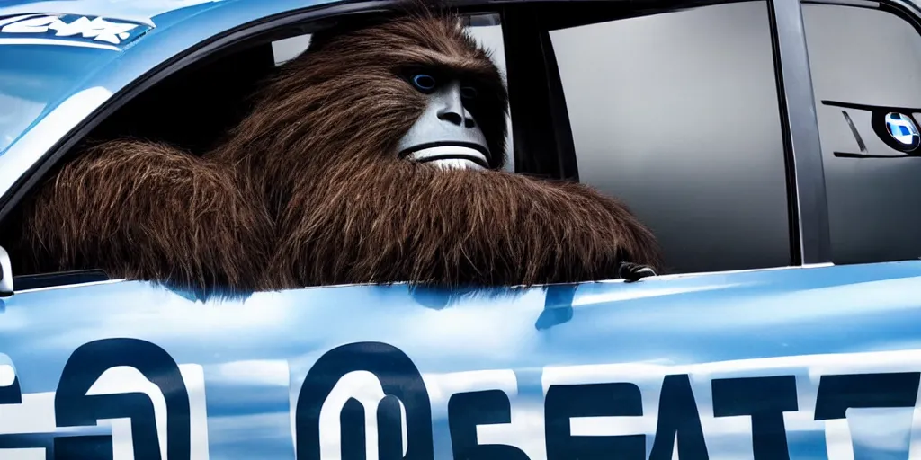 Prompt: sasquatch hanging out the window of a bmw race car