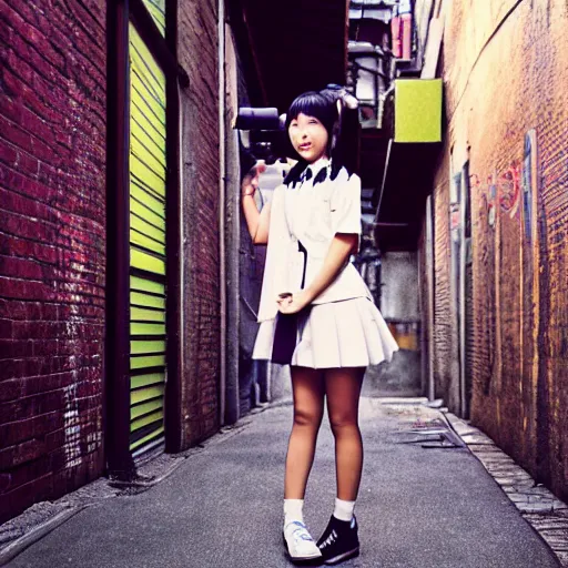 Image similar to a perfect 8K HD professional photo of close-up japanese schoolgirl posing in sci-fi dystopian alleyway, at instagram, Behance, Adobe Lightroom, with instagram filters, depth of field, taken with polaroid kodak portra