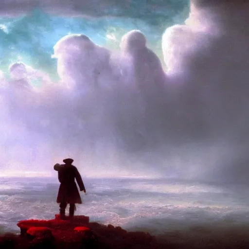 Prompt: A man made of clouds walking over a blood ocean, masterpiece, ultra detailed, unreal engine 5, illustration, Albert Bierstadt and Henri.