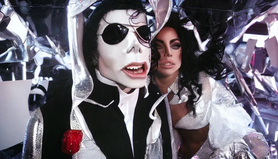 Image similar to michael jackson and lady gaga in a surreal futuristic music video