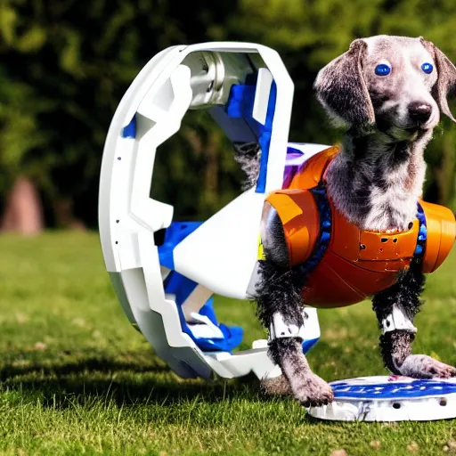 Prompt: robot dog playing frisbee, cyborg android animal, dog, cyborg, metal dog