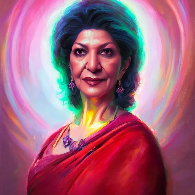 Prompt: portrait of shohreh aghdashloo by mandy jurgens, dressed in a sari, cartoon, oil painting, visionary art, magic symbols, holy halo, neon ambient lighting, high detail, vibrant colors,