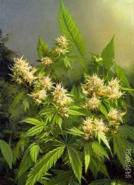 Image similar to oil painting by anders zorn, nature, bush, marijuana flowers, cannabis leaves with backlight