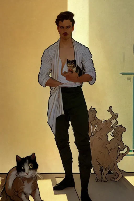 Prompt: full body portrait of a single beautiful young fit man, modern haircut, open shirt, large pants, holding a cat. by greg rutkowski and alphonse mucha, d & d character, in front of a modern room background, highly detailed portrait, digital painting, artstation, concept art, smooth, sharp focus ilustration, artstation hq