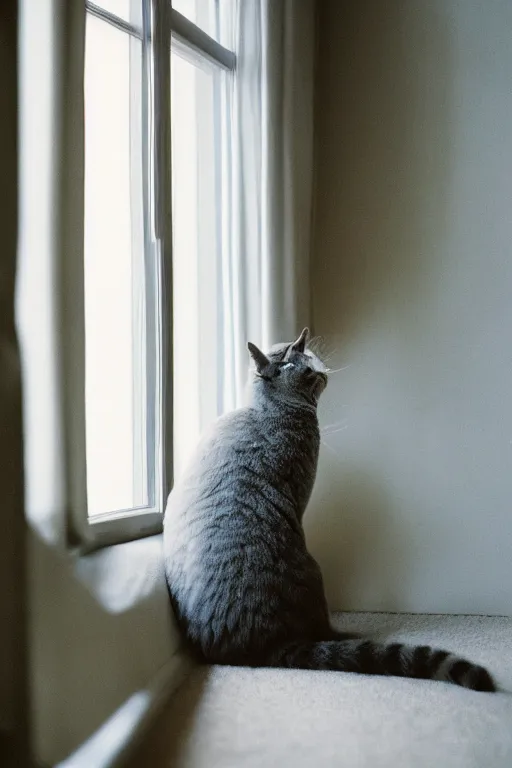 Image similar to “ fluffy grey cat turning head to look out the window while lying on tree, cozy living room, warm, cotton, dramatic lighting, extremely high quality, leica m - a, lux 3 5 fle, portra 8 0 0 ”