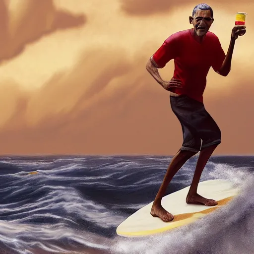 Prompt: barack obama surfing in rough surf holding a margarita, realistic, high detail, volumetric light, sharp focus, concept art, intricate details, highly detailed, 4 k