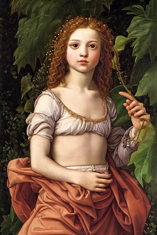 Image similar to renaissance painting of young girl in the garden, closeup, curly long hair, face closeup, emotions closeup, dressed in roman armour, the beautiful garden with maple leaves everywhere, ultra detailed, art by guido reni style, vincenzo catena style