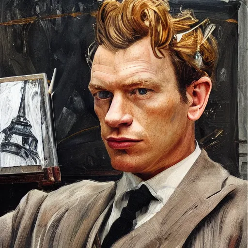 Image similar to high quality high detail painting by lucian freud, hd, ewan mcgregor painting a canvas on easel by river seine dressed as a gentleman in paris at early 2 0 th century. brown cat with him