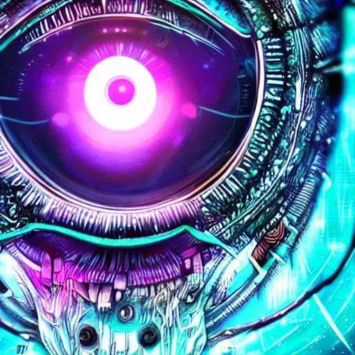 Image similar to eye of a cybernetic owl, futuristic, cyberpunk, digital illustration, photo - realistic, macro, extremely detailed, vivid, neon, dramatic lighting, intricate details