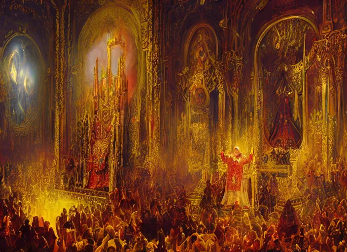 Image similar to worship of the pope, royal robe, gold trim, demons, mysticism, light effect, hyper detailed, intricate, atmospheric, elegant, photorealistic by paul lehr, hyper - real