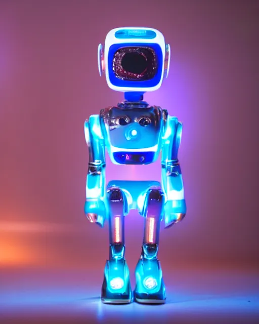 Prompt: high quality presentation night photo of an illuminated cute retro robot girl, photography 4k, f1.8 anamorphic, bokeh, 4k, Canon, Nikon