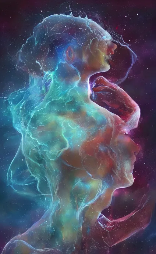 Image similar to the soul detaching from the body in the universe, artstation, digital painting