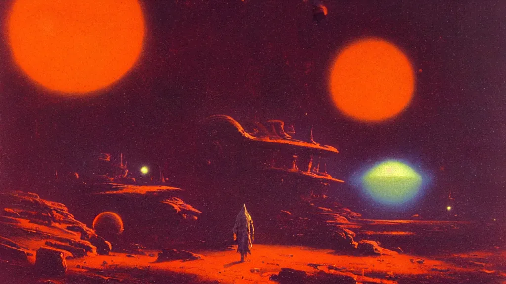 Image similar to eerie atmospheric alien planet by paul lehr and jack gaughan and john schoenherr, epic cinematic matte painting