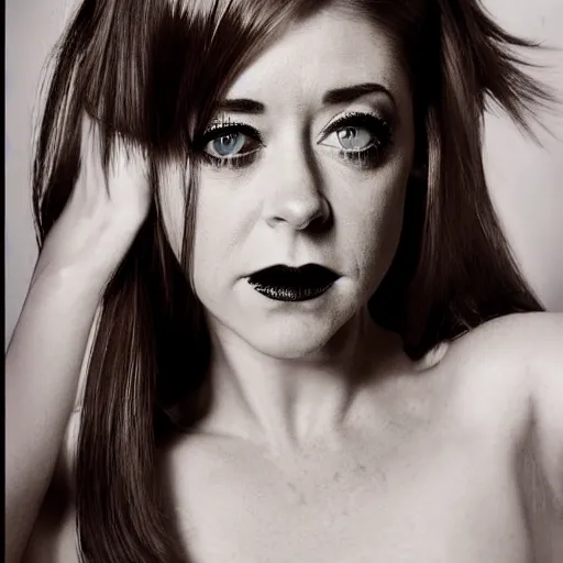 Image similar to a fashion photo portrait of a young Alyson Hannigan, full makup, smokey eye, medium shot. In the style of Helmut newton, robert maplethorpe, Stefano Brunesci, Lachlan Bailey, Herb Ritts, Ellen Von Unwerth, Haris Nukem, Sardax, Annie Leibovitz. detailed photo, hd, 4k, trending on artstation, 35mm, f1.8