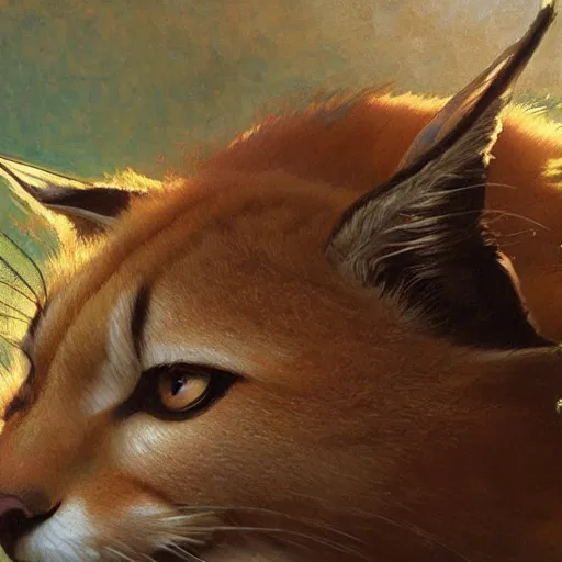 Image similar to laurel wreath lying on top of a cute fluffy caracal head, laurel wreath on his head, 8 k, alphonse mucha, james gurney, greg rutkowski, john howe, artstation