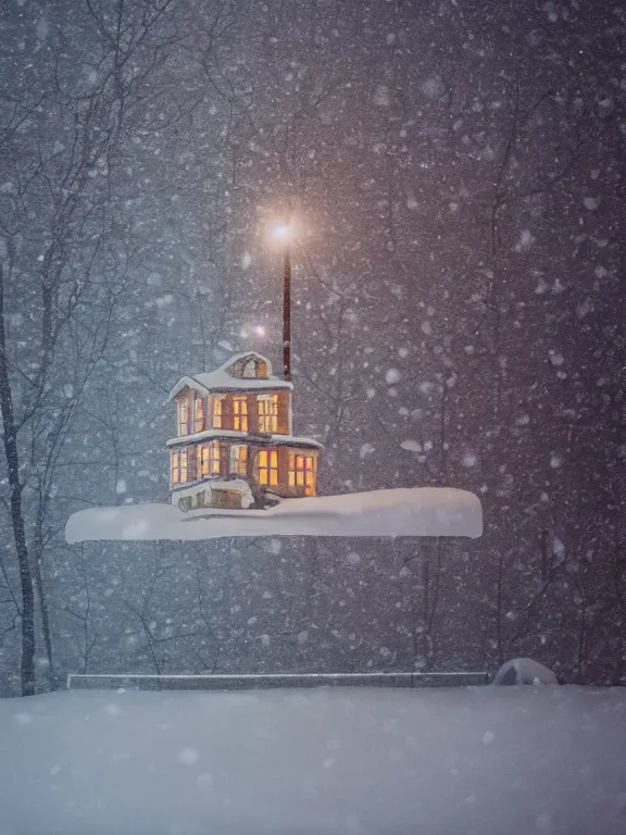 Image similar to snow globe with tiny soviet residential building inside snow globe, lights are on in the windows, cozy atmosphere, fog, cold winter, snowing, streetlamps with orange volumetric light, birches