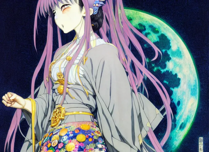 Prompt: full body portrait of the moon priestess, yuya nagai, enchanted, dark, moon, magic, digital, concept art, Kyoto animation,last exile, blue submarine no. 6, katsura masakazu,tsutomu nihei, gustav klimt,loish, murata range, kawaii, studio lighting, manga, bright colors, anime,beautiful, 35mm lens,noir, vibrant high contrast, gradation, jean giraud, moebius, fantasy, rule of thirds, fibonacci, intricate,unreal engine, blender npr, cel shaded, flat, matte print, smooth, makoto shinkai,