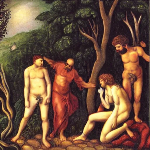 Prompt: God angry in the Garden of Eden. Eve and Adam look guilty