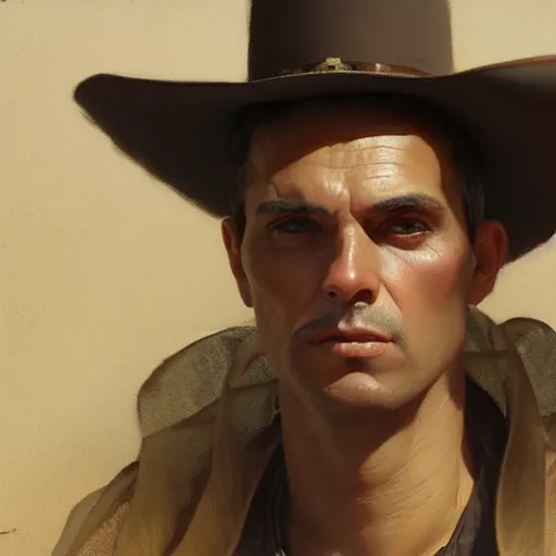 Prompt: clean shaven, tan, middle - aged christian priest with dark hair in wild west, portrait, highly detailed, digital painting, artstation, oppressive lighting, concept art, sharp focus, illustration, art by greg rutkowski and alphonse mucha