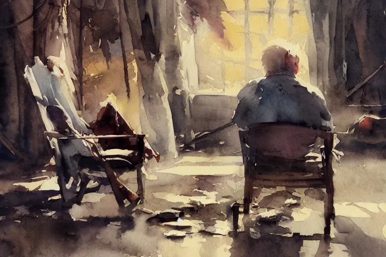 Prompt: small centered on watercolor paper, paint brush strokes, abstract watercolor painting of old man sitting on broken chair, cinematic light, national romanticism by hans dahl, by jesper ejsing, by anders zorn, by greg rutkowski, by greg manchess, by tyler edlin