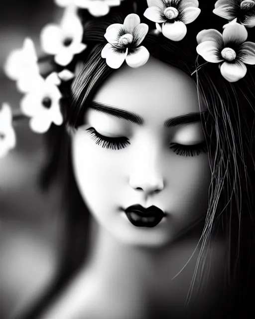 Image similar to black and white dreamy young beautiful female artificial intelligence, realistic flowers ornament in the face, long hair are intricate with highly detailed realistic flowers, cinematic, rim light, bokeh, photo - realistic, elegant, high detail, 8 k, masterpiece, photo taken in 1 9 3 0